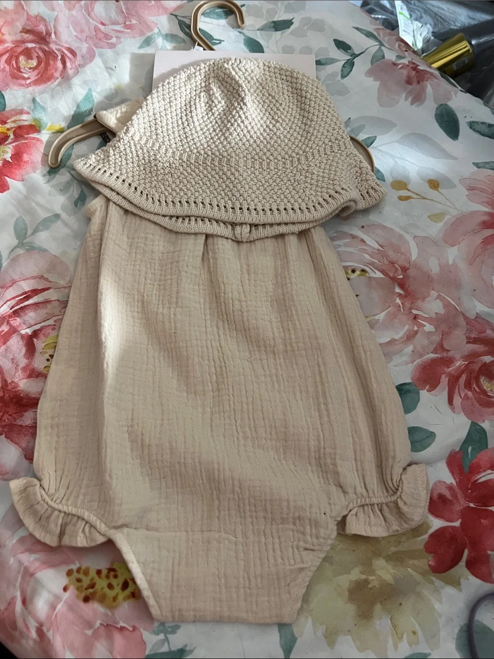 petite jolie Cream Knit-Trim Short Sleeve Baby Romper